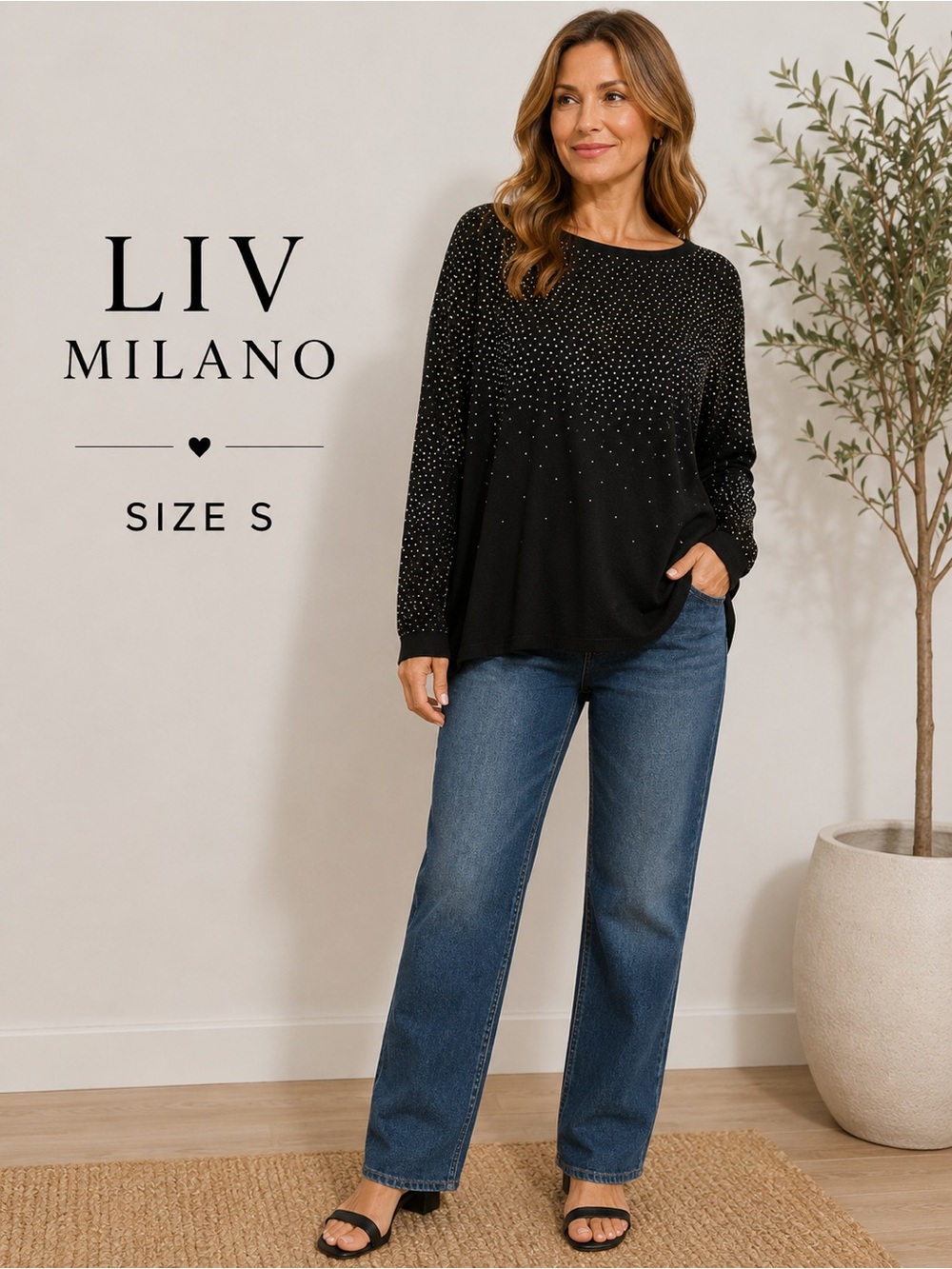 LIV MILANO Black Studded Women's raglan sleeve sweater /size S